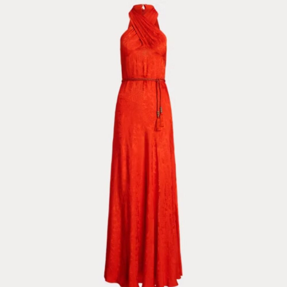 Belted Floral Jacquard Halter Gown - Picture 7 of 9